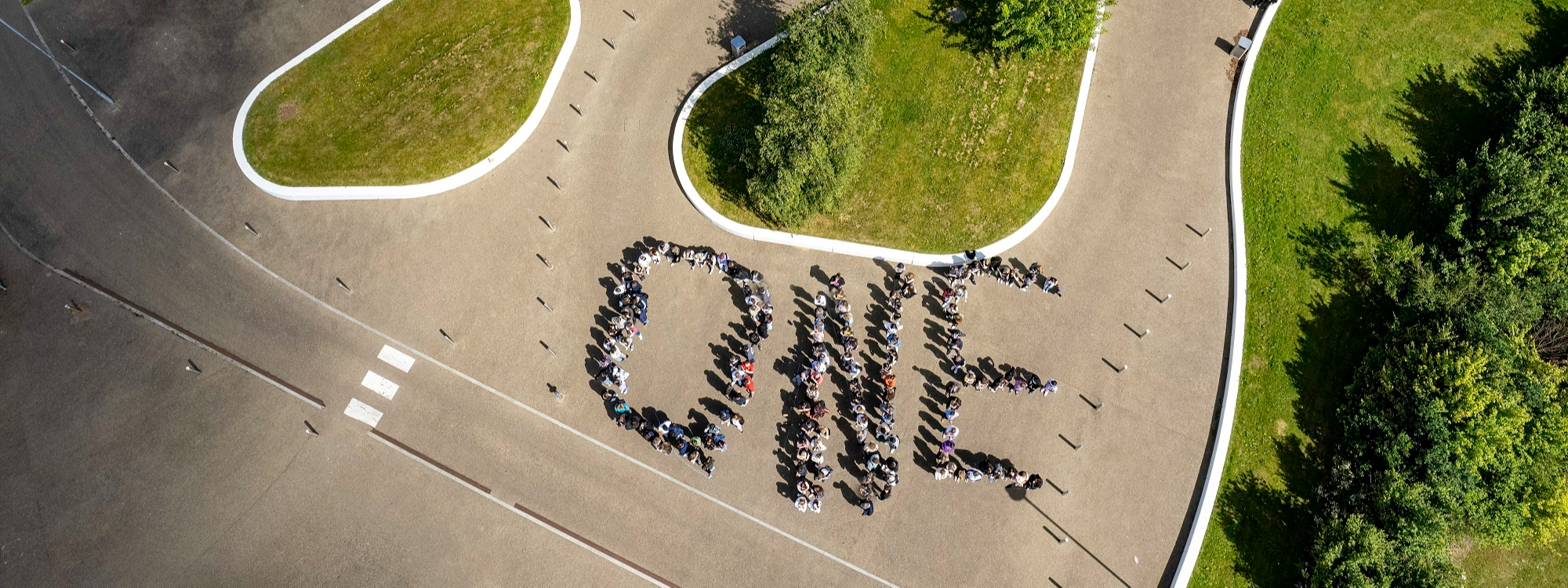 One Ofsted result aerial shot of students as ONE